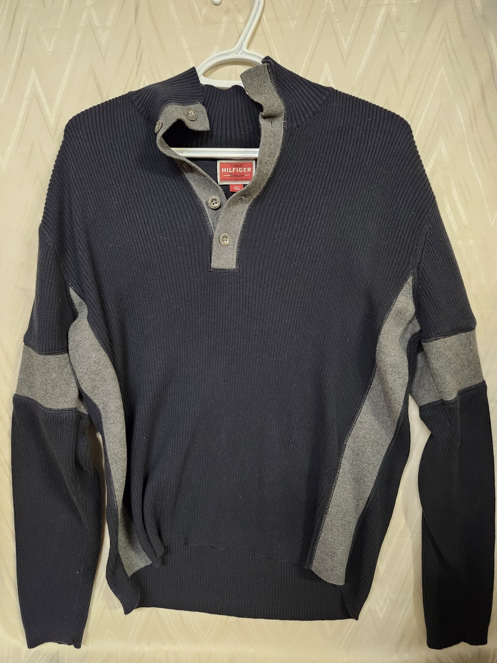 Tommy Hilfiger Men’s Black and Gray Zip-Neck Ribbed Sweater